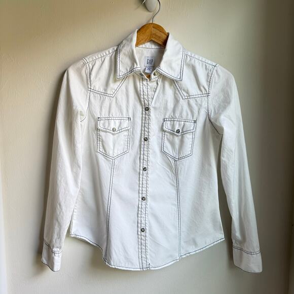Gap XS White Western Style Button Down Shirt with Contrast Stitching Y2K - Picture 1 of 8